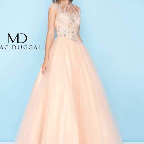 MAC DUGGAL CUTOUT BEADED BODICE BLUSH BALL-GOWN DrESS sz 14 - Picture 1 of 13